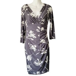 Lauren Ralph Lauren Grey White Floral Faux Wrap Dress Size 6 Office Work Event